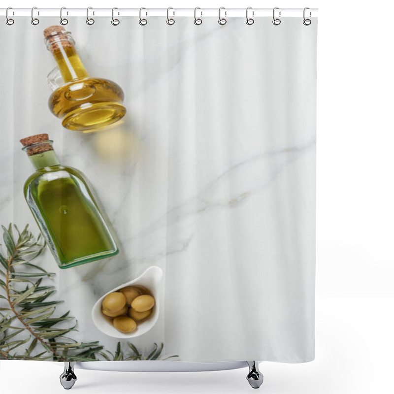 Personality  Top View Of Olive Oil In Glass Bottles And Olives On Marble Tabletop Shower Curtains