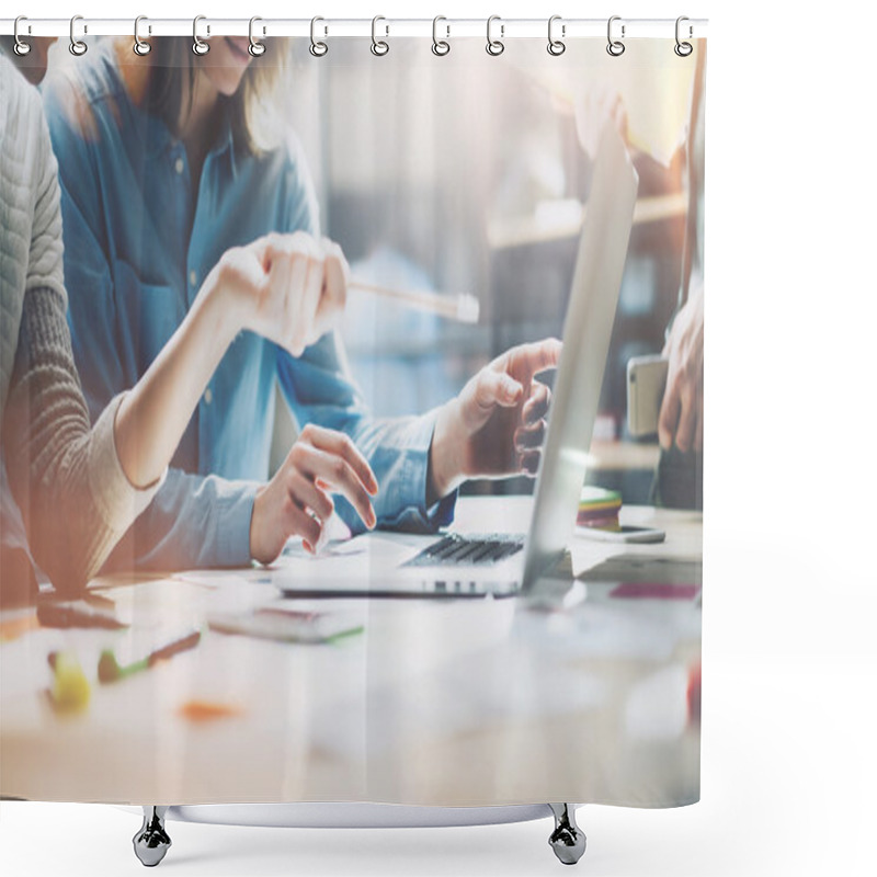 Personality  Coworkers Photo In Modern Office.Project Manager Team Work New Idea.Young Business Crew Working With Startup.Laptop Computer On Table,showing Presentation.Blurred,film Effect.Horizontal Shower Curtains