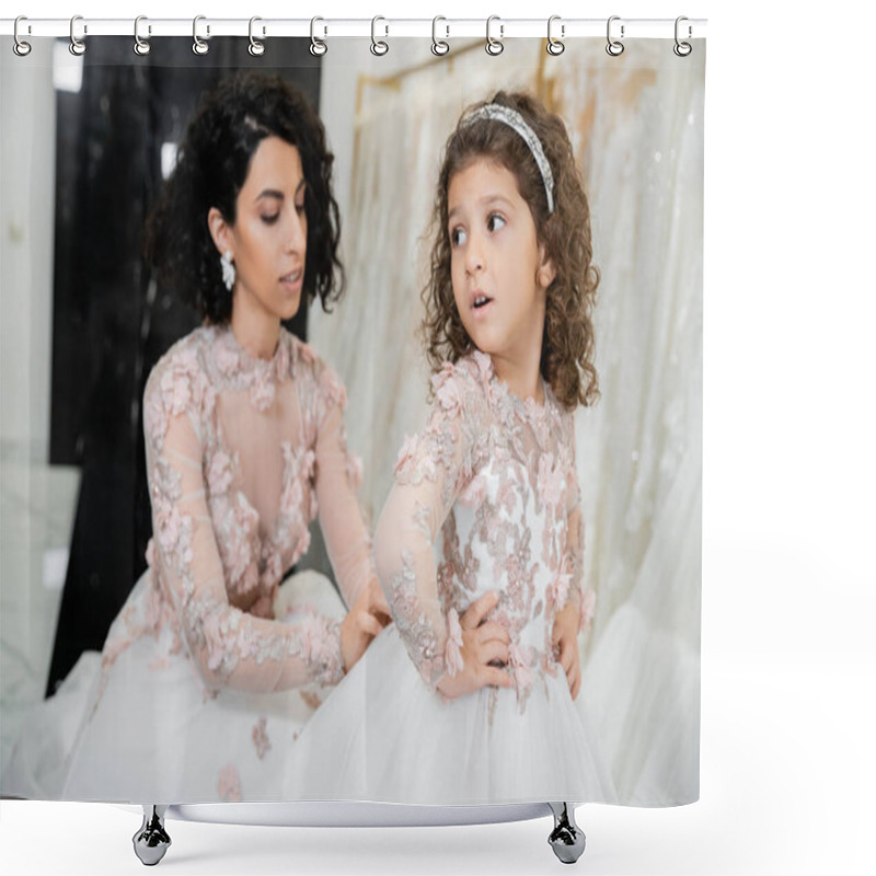 Personality  Blurred Middle Eastern Bride With Brunette Wavy Hair In Wedding Dress Adjusting Cute Floral Dress Of Surprised Daughter In Bridal Salon, Shopping, Special Moment, Hands On Hips, White Gown Shower Curtains