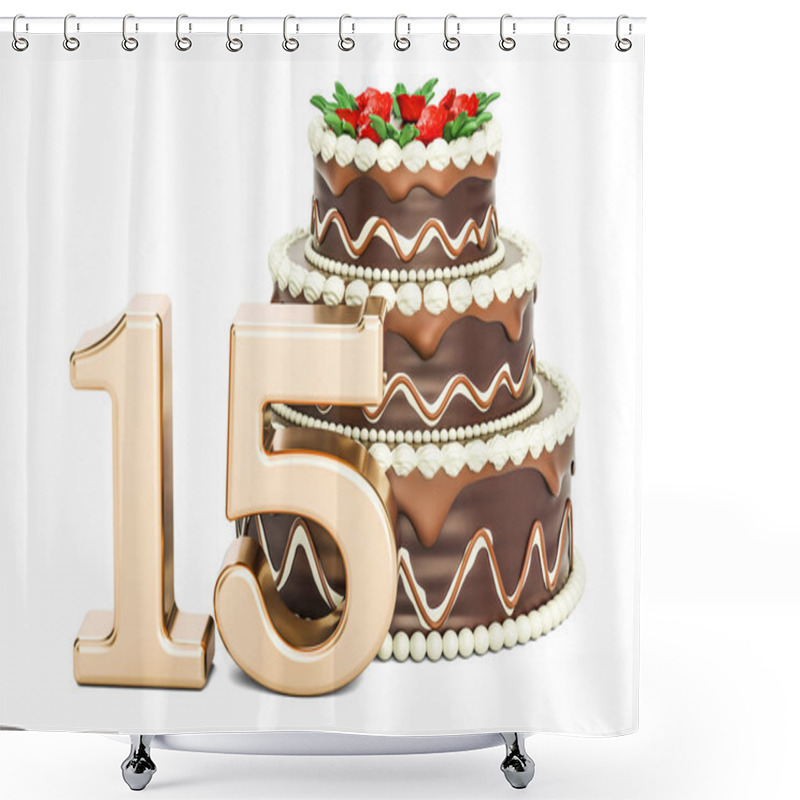 Personality  Chocolate Birthday Cake With Golden Number 15, 3D Rendering Shower Curtains