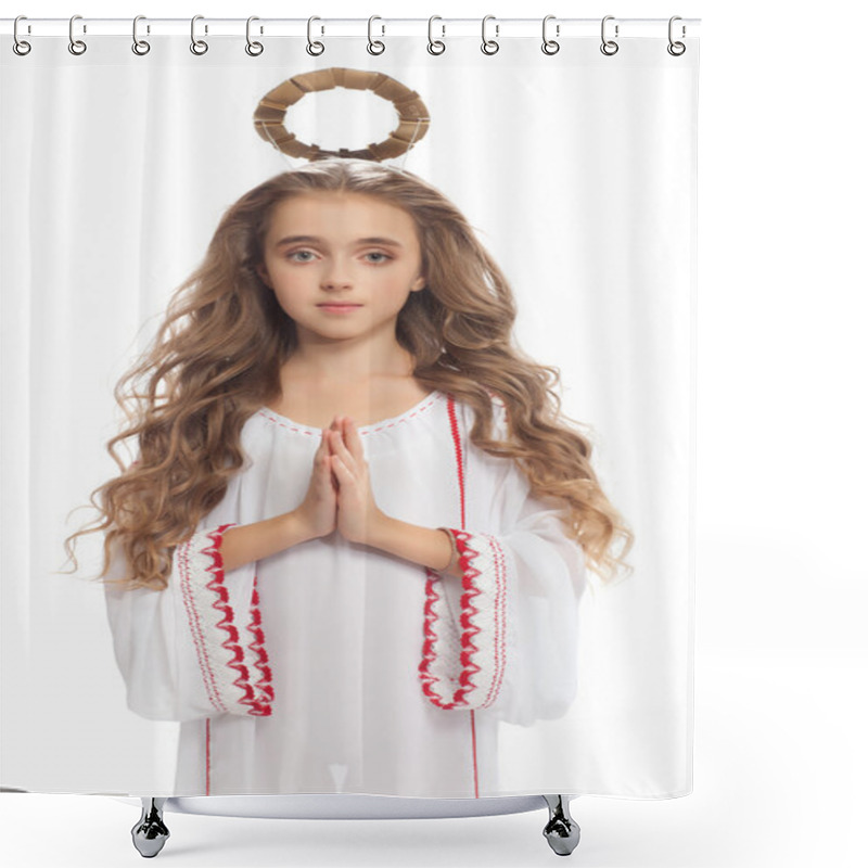 Personality  Beautiful Teen Girl With Halo On His Head Isolated On White Shower Curtains