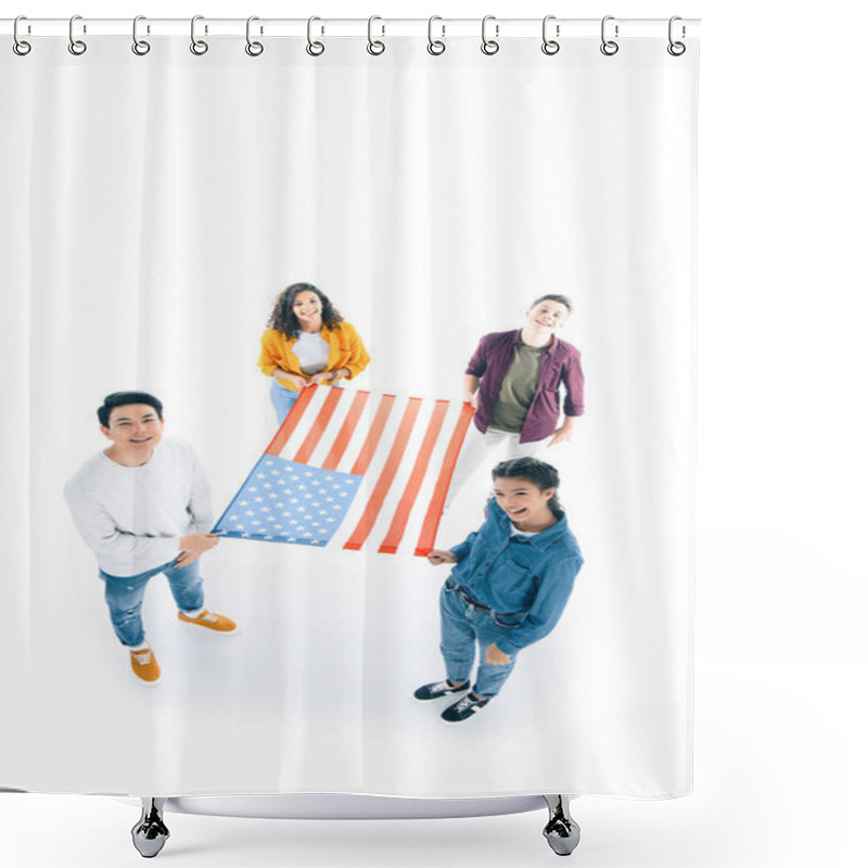 Personality  High Angle View Of Group Of Teen Students With Usa Flag Isolated On White Shower Curtains