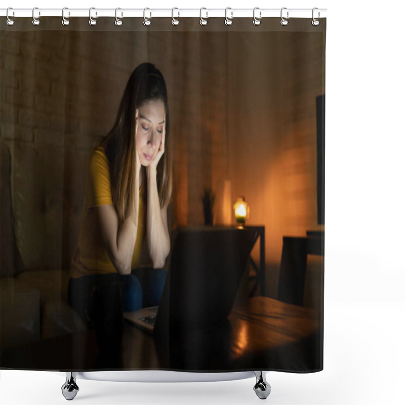 Personality  Brunette Woman Feeling Overwhelmed With Work And Stress At Night While Working From Home On A Laptop Computer Shower Curtains