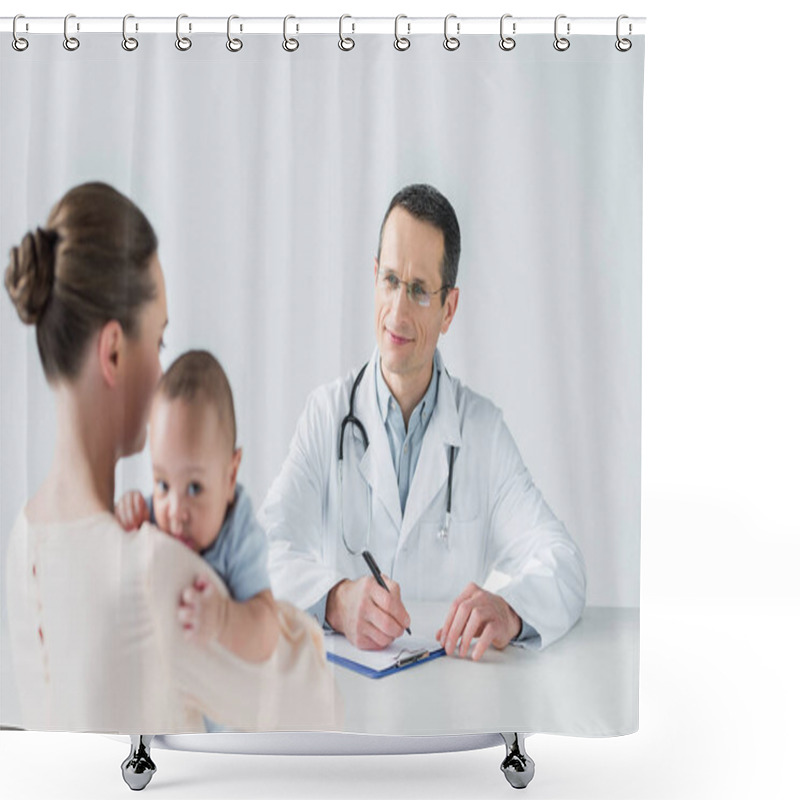 Personality  Mother And Adorable Little Child At Pediatrician Office Shower Curtains