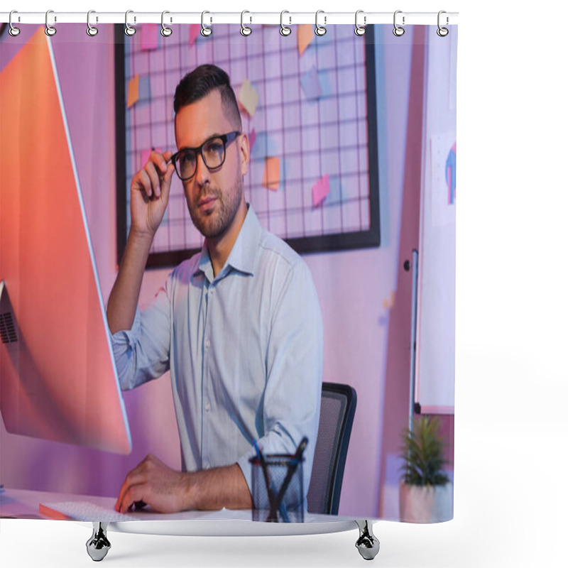 Personality  Businessman Adjusting Glasses Near Computer Keyboard And Monitor  Shower Curtains