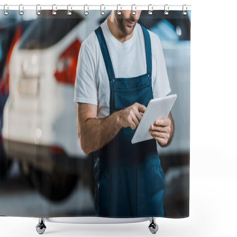 Personality  Cropped View Of Car Mechanic Using Digital Tablet In Car Service  Shower Curtains