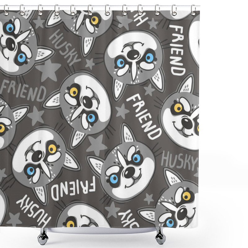 Personality  Fashionable Seamless Pattern With Dogs Husky Noses Puppies And Inscriptions Friend. Vector Illustration In Cartoon Style. Shower Curtains