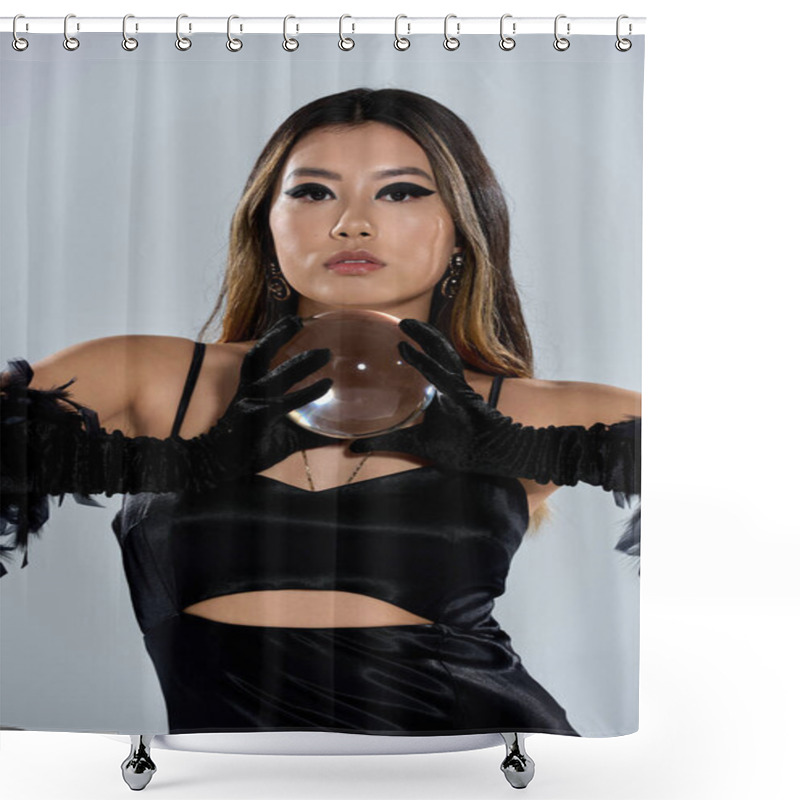 Personality  A Woman In A Black Dress And Gloves Holds A Crystal Ball, Gazing Into Its Depths. Shower Curtains