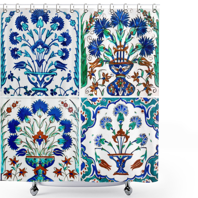 Personality  Set Of Hand-painted Floral Vase Pattern Turkish Tiles Of The Ottoman Imperial Harem In Topkapi Palace, Istanbul, Turkey. Shower Curtains