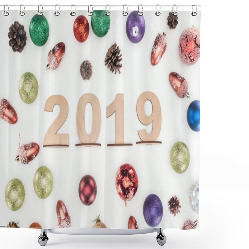 Personality  Top View Of 2019 Date Made Of Wooden Numbers On Background With Christmas Decorations Isolated On White Shower Curtains