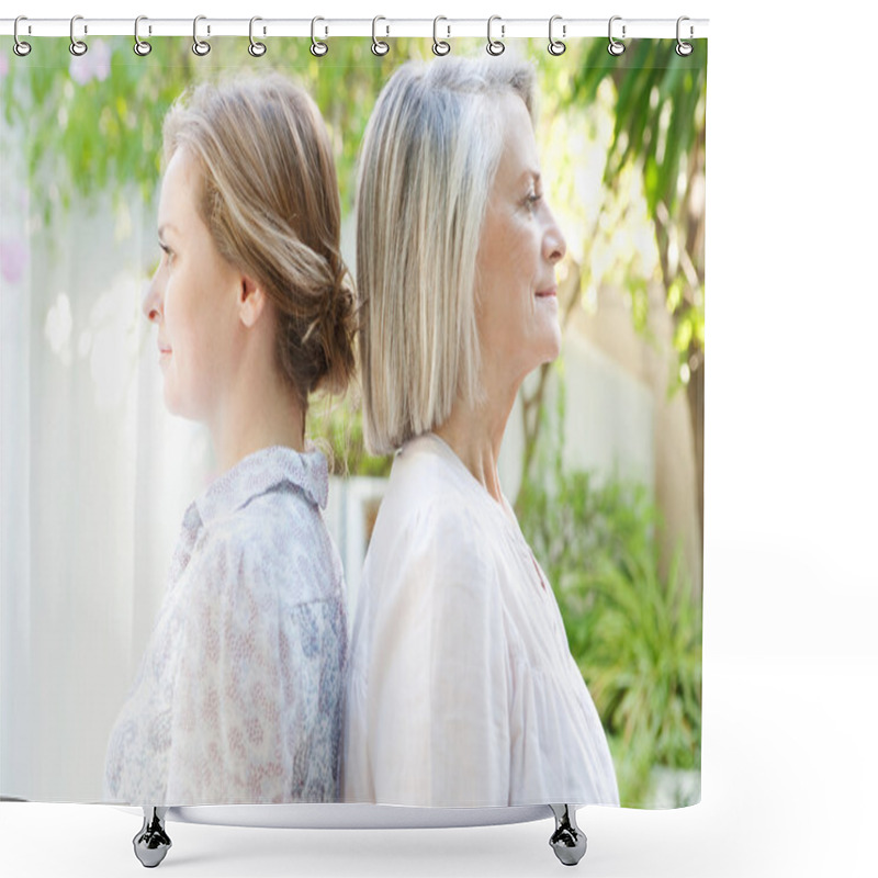 Personality  Daughter With Her Mother Standing Back To Back Shower Curtains