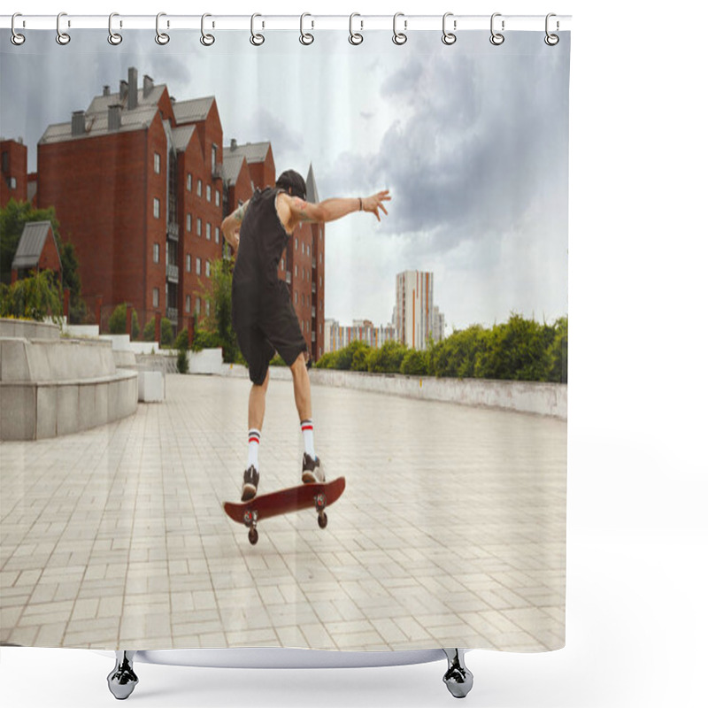 Personality  Skateboarder Doing A Trick At The Citys Street In Cloudly Day Shower Curtains