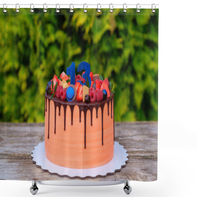 Personality  Birthday Cake With The Number Thirteen Shower Curtains