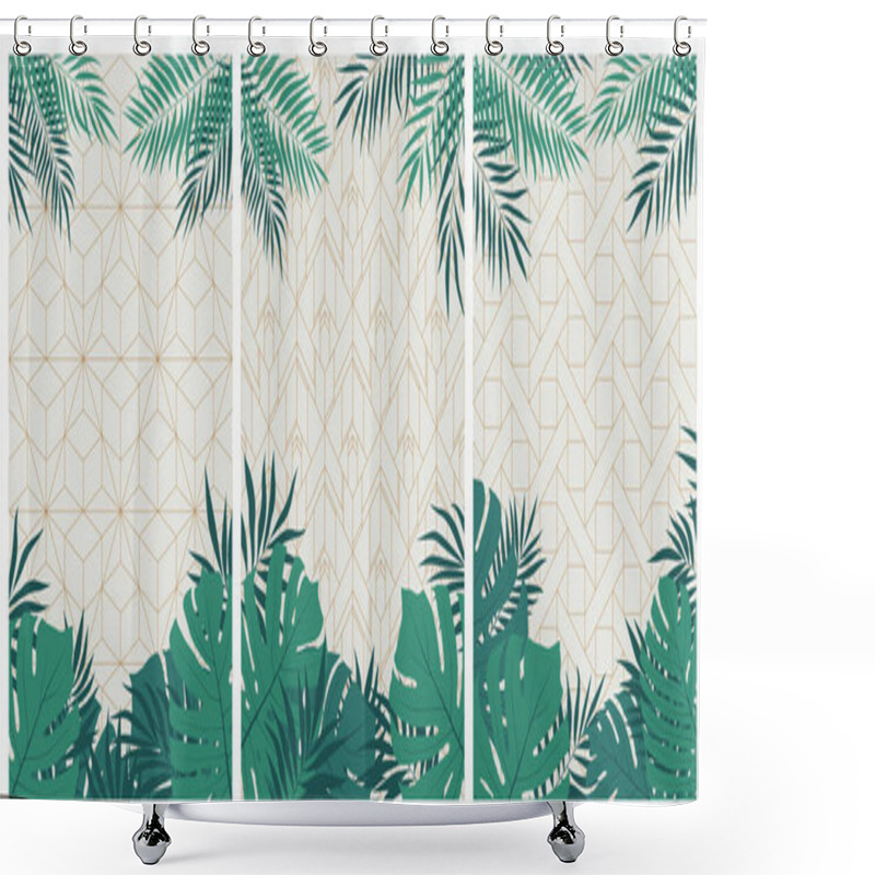 Personality  Creative Set Of Elegant Brochures With Tropical Leaves And Plants On A White Geometric Pattern In Art Deco Style, Vector Cards And Flyers Shower Curtains