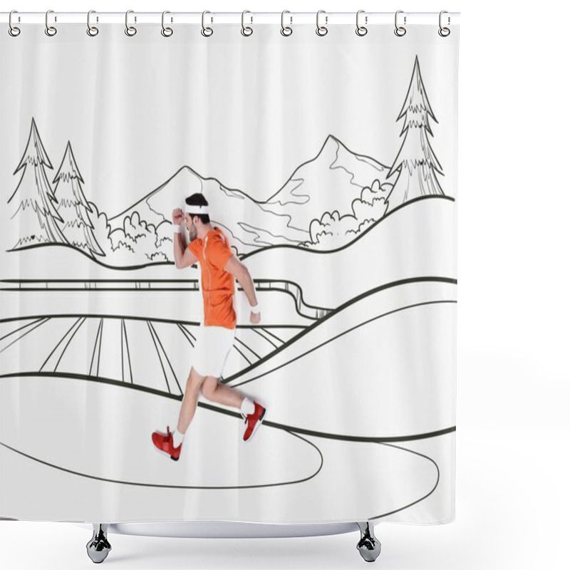 Personality  Creative Hand Drawn Collage With With Man Running By Mountains Landscape Shower Curtains