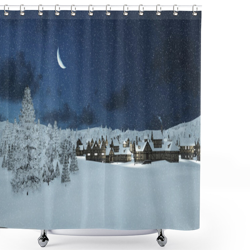 Personality  Snowbound Township And Fir Trees At Snowfall Night Shower Curtains