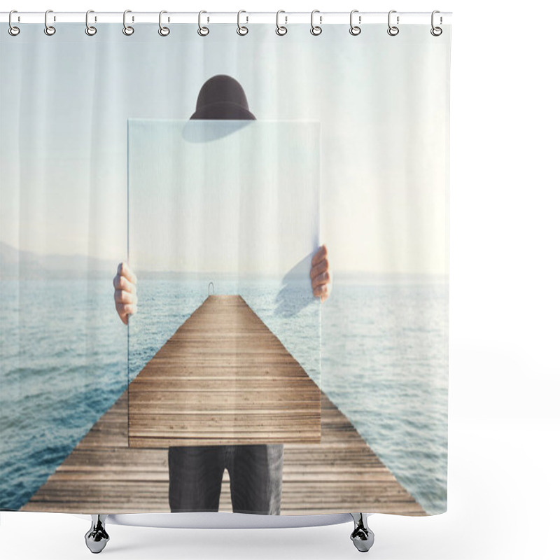 Personality  Man Holding Surreal Painting Of A Boardwalk Shower Curtains