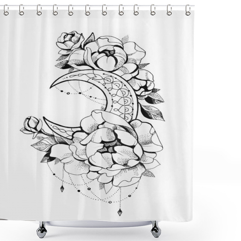 Personality  Sketch Of The Moon With Flowers On A White Background. Shower Curtains