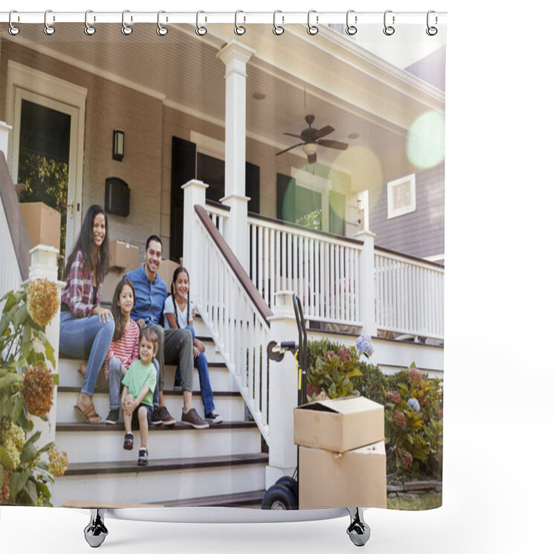 Personality  Family Sitting On Steps Of New Home On Moving In Day Shower Curtains