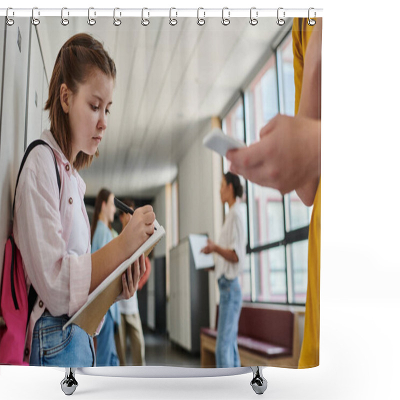 Personality  Focused Schoolgirl Taking Notes, Holding Notebook Near Boy Using Smartphone In School Hallway Shower Curtains