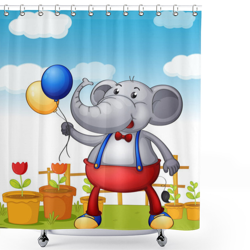 Personality  An Elephant Holding Balloons With Pots Of Flower At The Back Shower Curtains