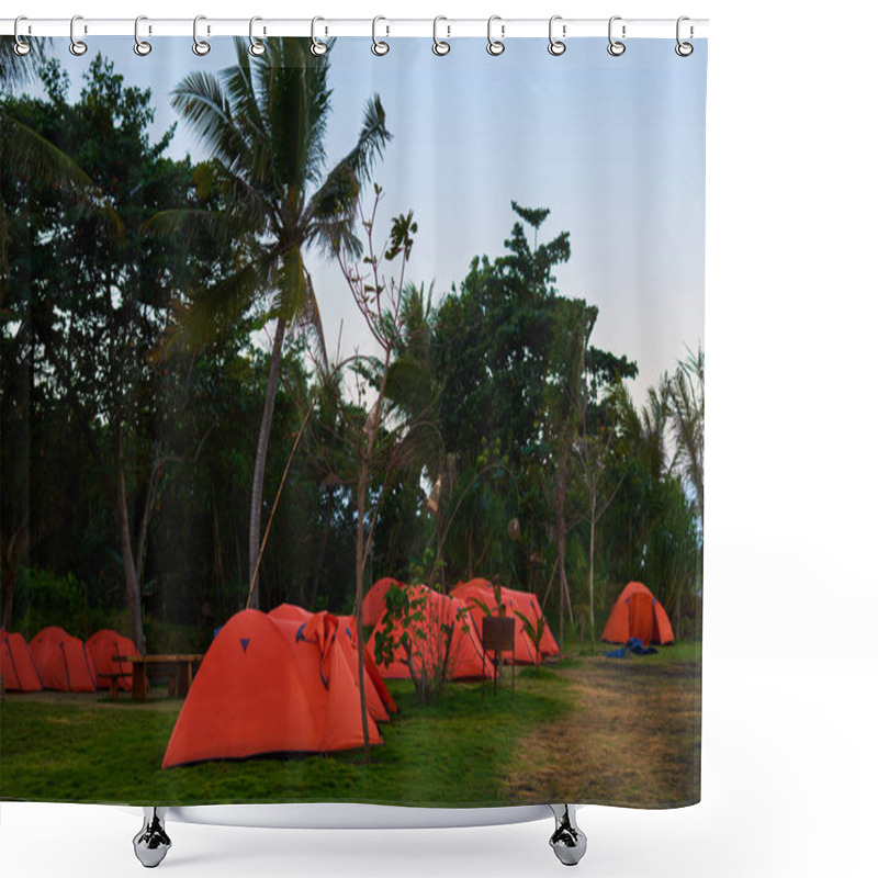 Personality  Camping And Red Tents Under The Tropical Forest. Tourist Tent Camping In Coast. A Bright Red Tents Is Set On A Beautiful Lawn In The Seaside. Concept Of A Relaxed Outdoor Recreation. Travel And Rest. Shower Curtains