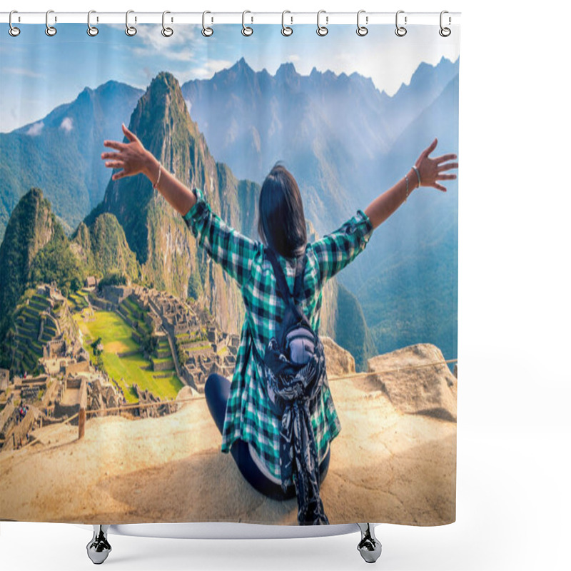 Personality  A Woman Tourist Contemplating The Amazing Landscape Of Machu Picchu With Arms Open Shower Curtains