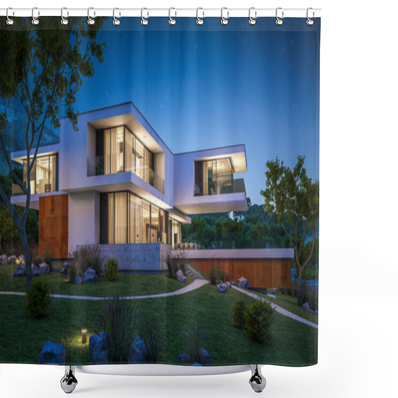 Personality  3d Rendering Of Modern House By The River At Night Shower Curtains