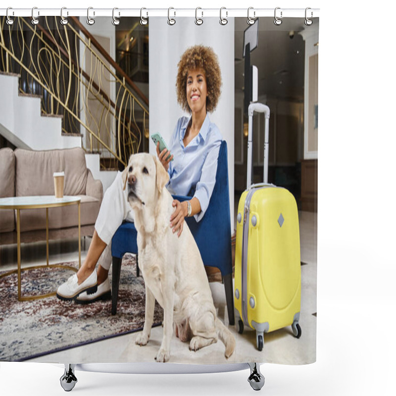 Personality  Joyful African American Woman With Smartphone Sitting Near Labrador In Lobby Of Pet-friendly Hotel Shower Curtains