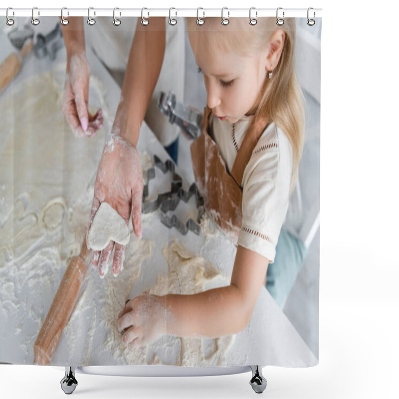 Personality  High Angle View Of Woman Showing Raw Heart-shaped Cookie To Daughter In Kitchen Shower Curtains