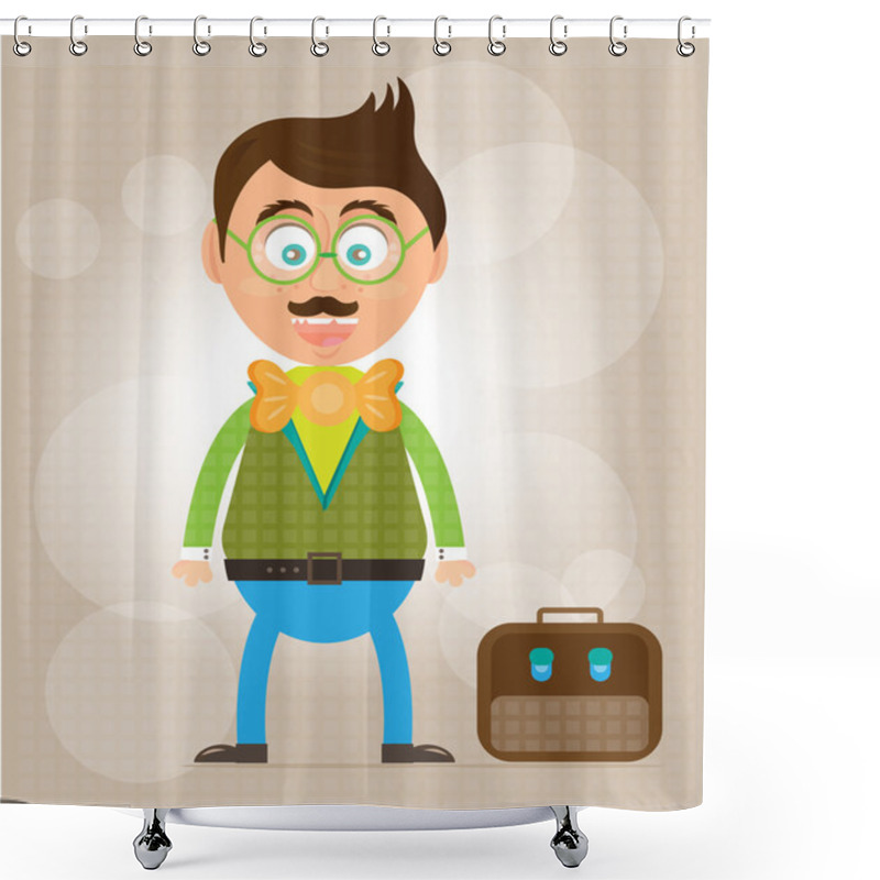 Personality  Smiling, Happy, Young, Standing, Businessman With Mustache, Bow Tie And Briefcase, Background With Pattern Shower Curtains