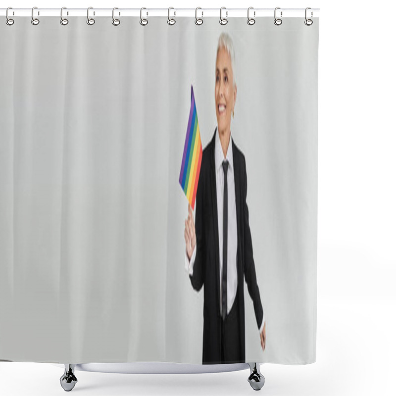 Personality  Confident Woman Joyfully Waves Rainbow Flag, Embracing Her Identity And Style. Shower Curtains