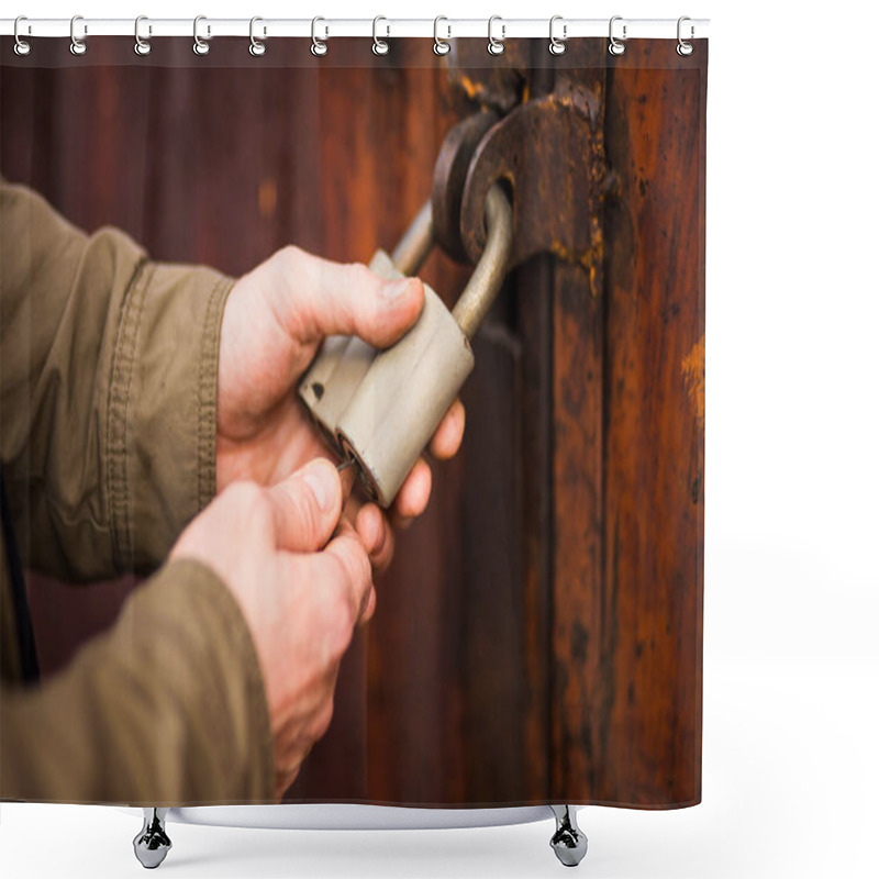 Personality  Man's Hands Close The Lock, Unlocking An Old Padlock Shower Curtains