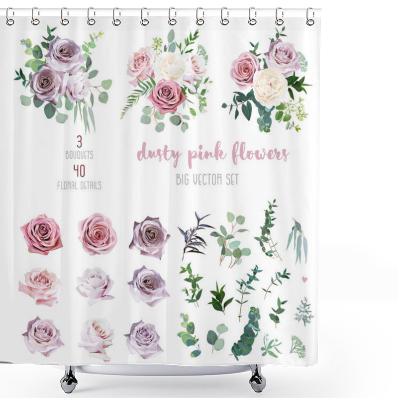 Personality  Dusty Pink And Mauve Antique Rose, Lavender And Pale Flowers, Eucalyptus Shower Curtains