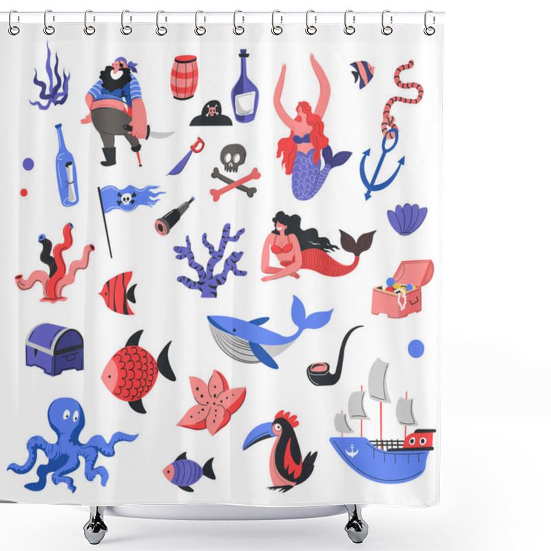 Personality  Marine And Nautical Life, Underwater Sea And Ocean Dwellers. Mermaid And Seaweed, Chest With Pirate Treasures, Bottle Of Run And Fish, Octopus And Ship With Sails. Vector In Flat Style Illustration Shower Curtains