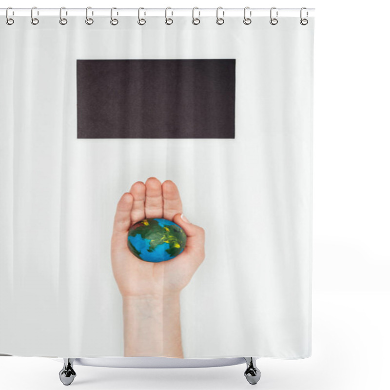 Personality  Cropped Image Of Woman Holding Earth Model Under Blackboard Isolated On White, Earth Day Concept Shower Curtains