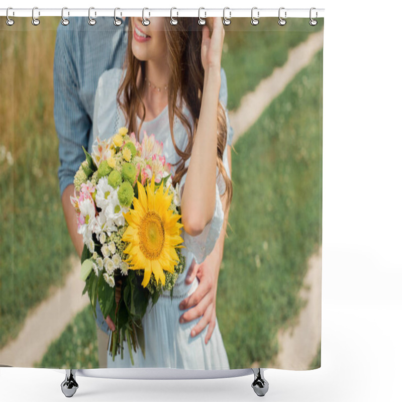 Personality  Partial View Of Man Hugging Smiling Girlfriend With Bouquet Of Wild Flowers In Summer Field Shower Curtains