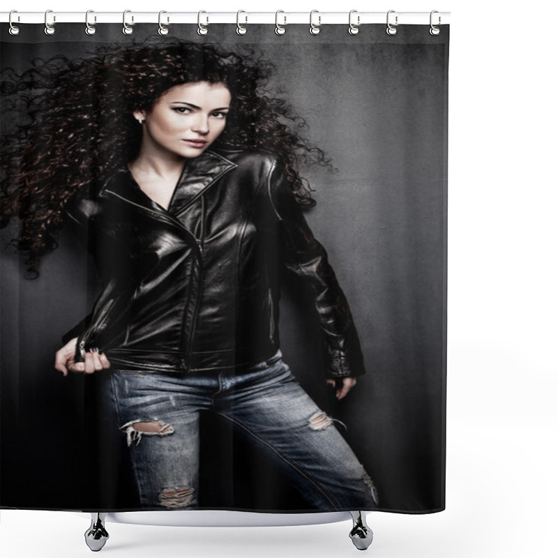 Personality  Girl In Leather Jacket Shower Curtains