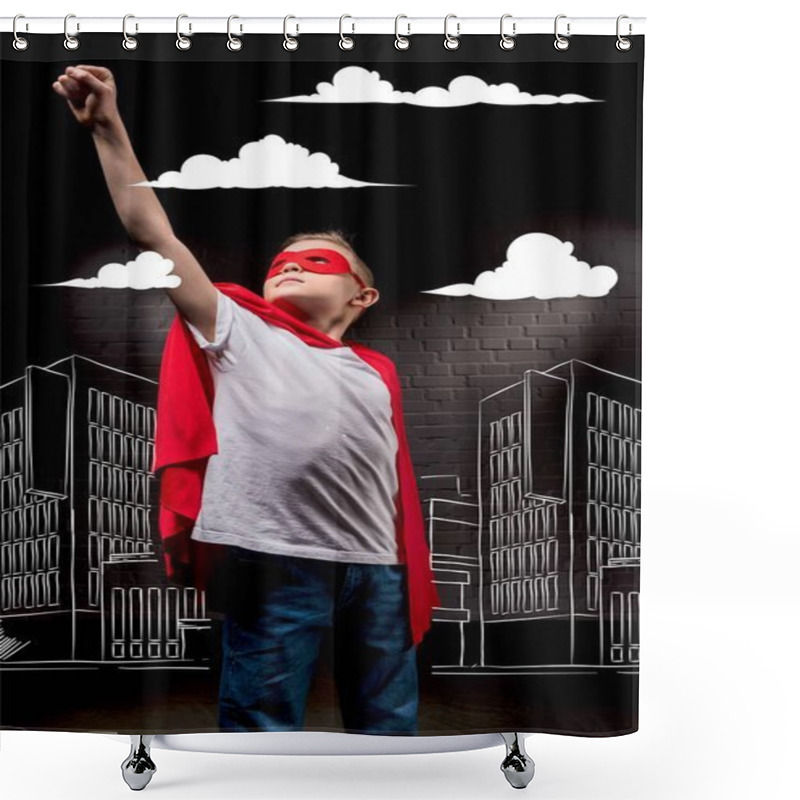 Personality  Boy Flying In Superhero Costume And Red Mask In City Shower Curtains