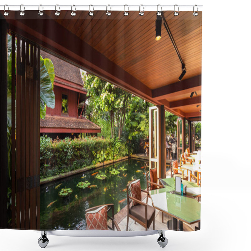 Personality  A View Of Jim Thompsons House And Koi Pond From An Open-air Cafe In Bangkok, Thailand Shower Curtains