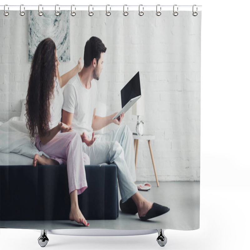 Personality  Angry Young Woman Looking At Boyfriend Using Laptop With Blank Screen, Relationship Difficulties Concept Shower Curtains