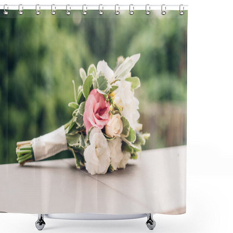 Personality  Beautiful Bridal Bouquet On A Green Grass Shower Curtains