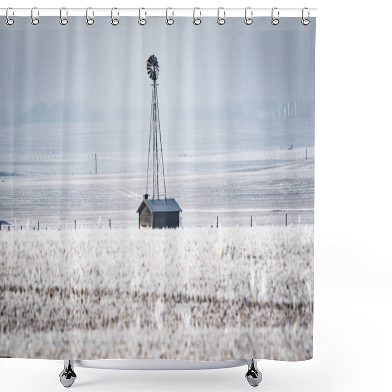 Personality  Old Farm Windmill Standing Next To Shed On Snow Covered Grasslands On A Cold Winter Day In Rocky View County Alberta Canada. Shower Curtains