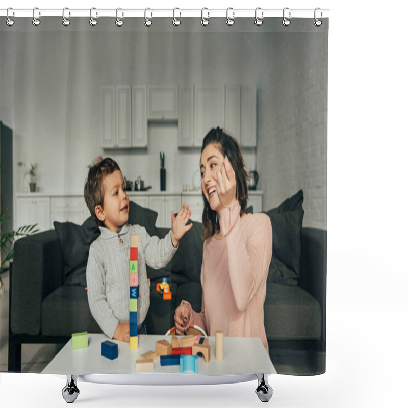 Personality  Smiling Little Boy And His Mother Playing Blocks Wood Tower Game At Home Shower Curtains