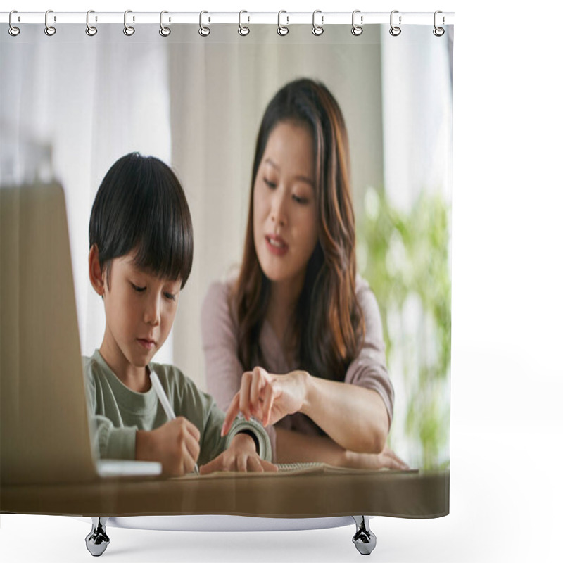 Personality  Young Asian Mother Sitting At Table At Home Helping Son With His Study Shower Curtains