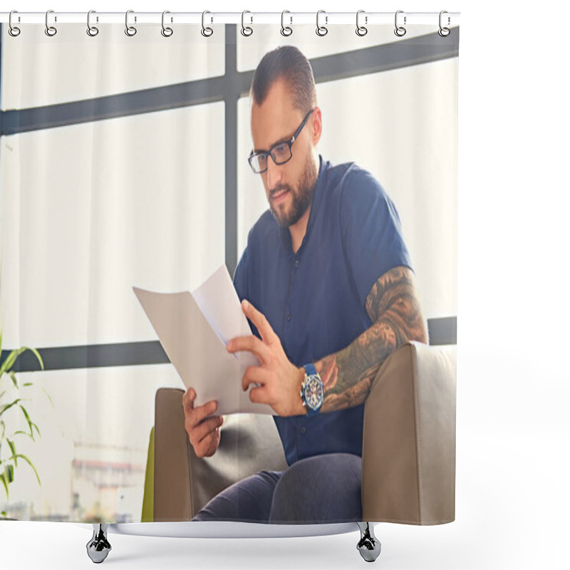 Personality  Bearded Man Reading Document  Shower Curtains