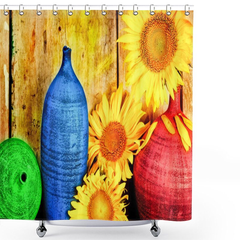 Personality  Arrangement Of Sunflowers And Ceramic Vases Shower Curtains