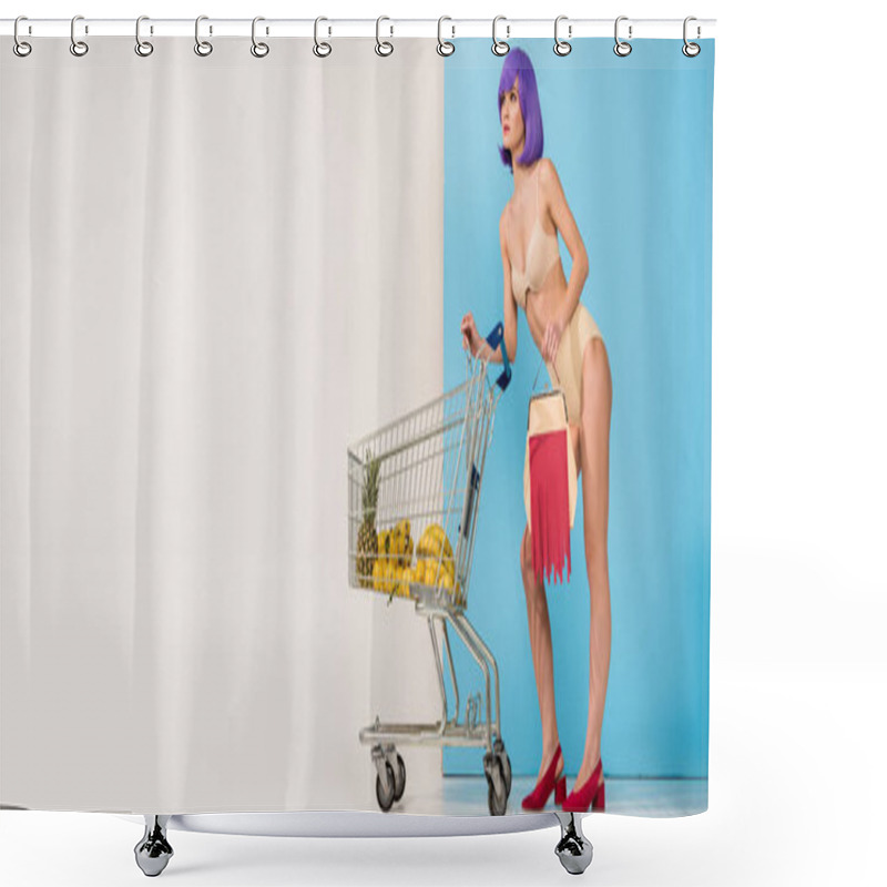 Personality  Panoramic Shot Of Girl Posing Near Shopping Cart With Tropical Fruits On Blue And White With Copy Space Shower Curtains