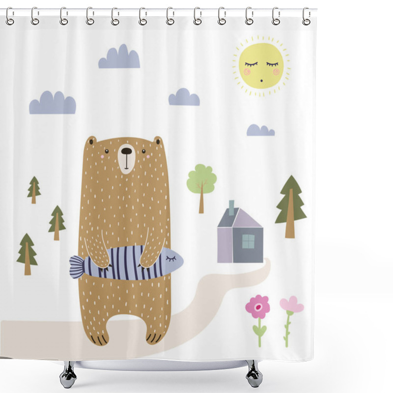 Personality  Hand Drawn Vector Illustration Of A Cute Funny Bear Holding A Fish, Going Home. Isolated Objects On White Background. Scandinavian Style Design. Concept For Kids Apparel, Nursery Print. Shower Curtains