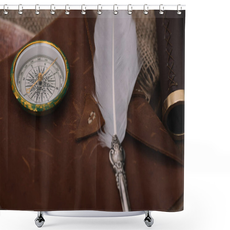 Personality  Nib And Compass On Leather Copy Book On Hessian Shower Curtains